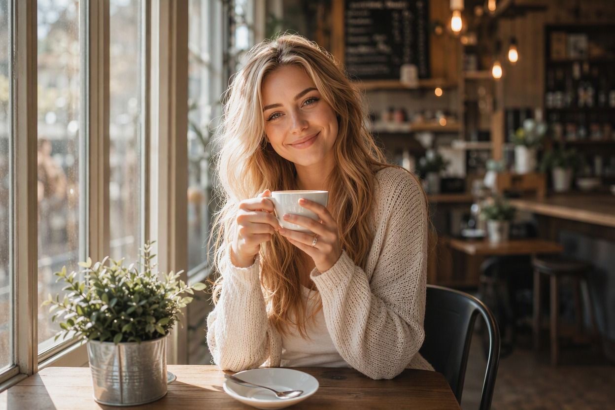 gallery item - 1 - Animate the girl in this cafe photo to match the reference video. - input 1